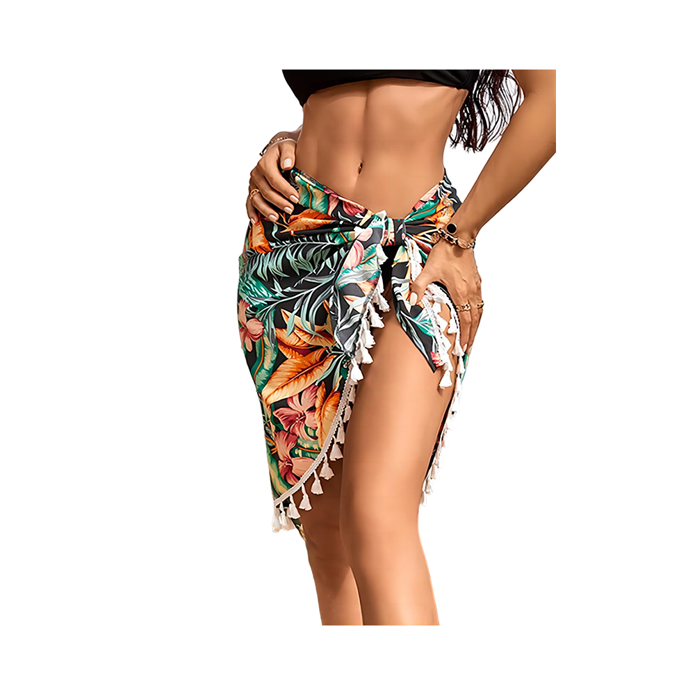 Chiffon hawaii style printing short sarung wrap bikini cover up with tassel