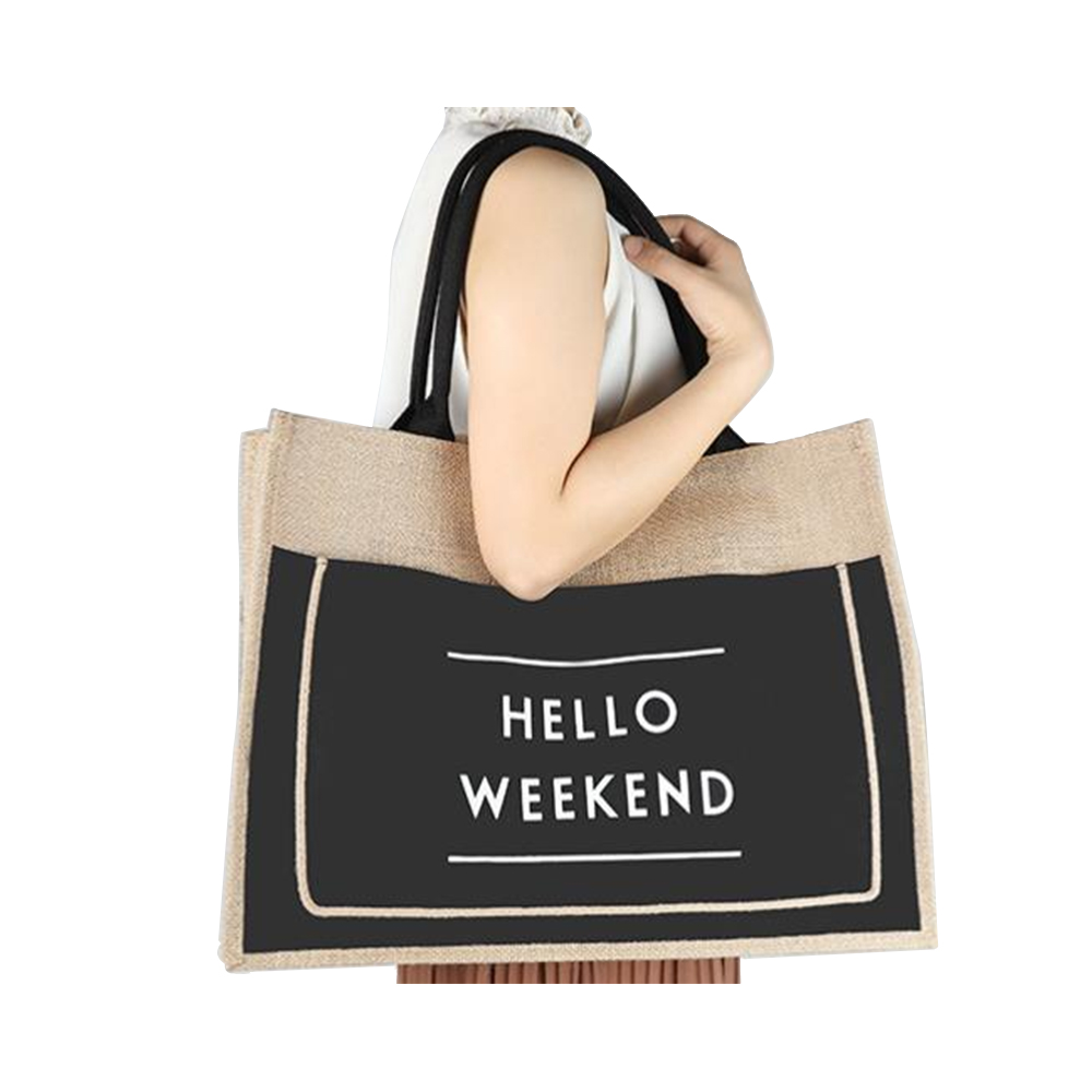 Beg pantai jut untuk wanita hello weekend vibes burlap beach tote bag poket zip dalam beg peribadi