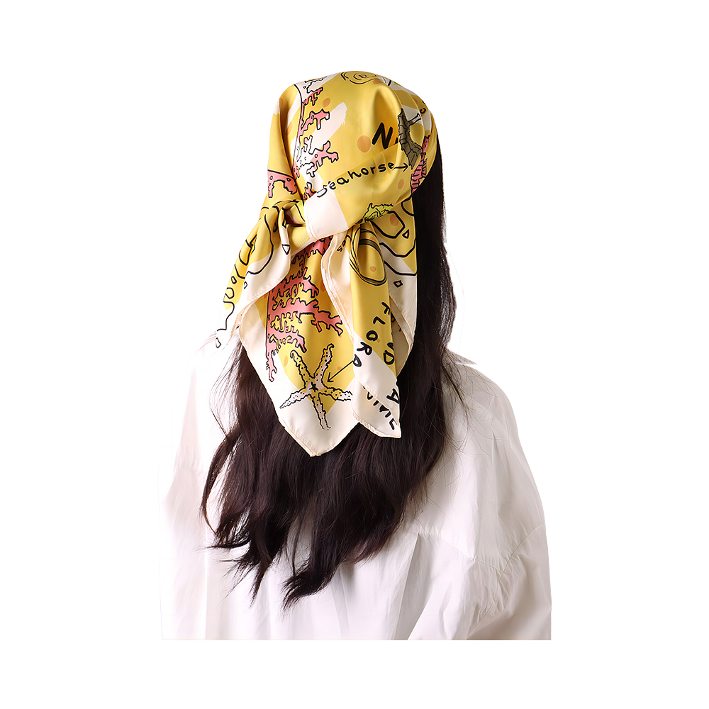 100% Polyester satin silk feeling scarf yellow printing square satin head scarf untuk wanita