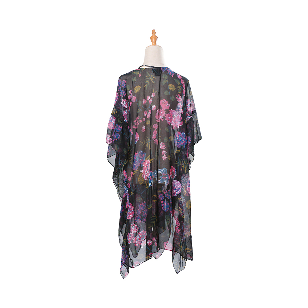 Cardigan kimono chiffon bermotif bunga bermotif bunga longgar menutup bahagian atas blaus kasual