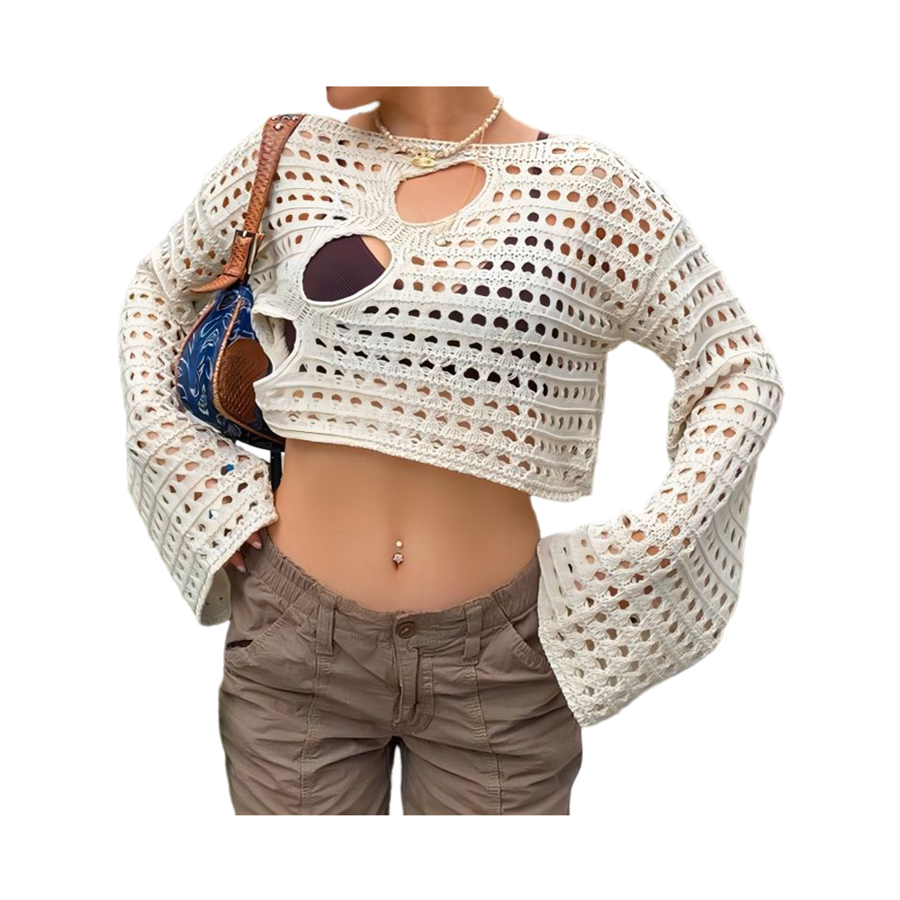 Wanita berongga keluar crochet crochet crochet tops color block lengan panjang square neck fall sweater tops